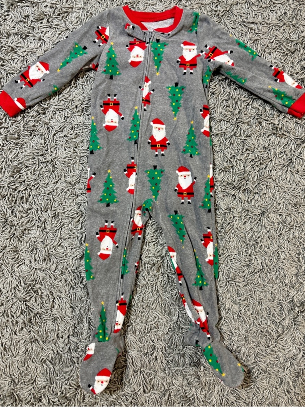 Carter's Gray Santa & Green Tree Holiday Footed Pajamas with Red Trim